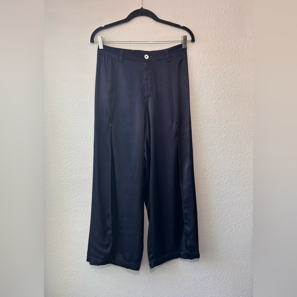 LACAUSA Satin Wide Leg Trousers Pants Side Slit Size 4 Cropped Navy Blue